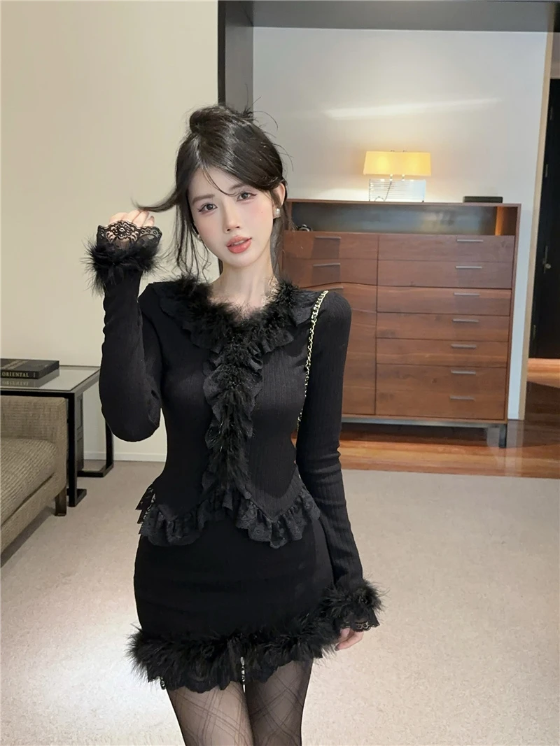 法式气氛感花海纯欲风漫画型身材针织拼接蕾丝上衣高腰半裙套装女