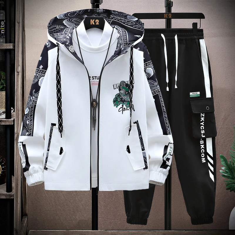 薄款外套男士春秋季新款连帽青少年夹克套装潮流帅气上衣服一整套