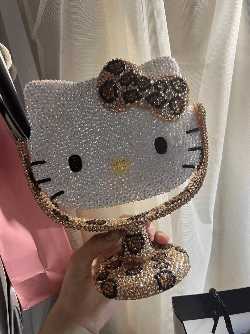 礼物hellokitty满钻镜子豹纹贴钻镜公主旋转台式KT化妆镜DIY镶钻