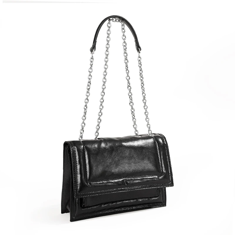 【高奢推荐】小众设计时尚牛皮链条包百搭斜挎包黑色单肩包