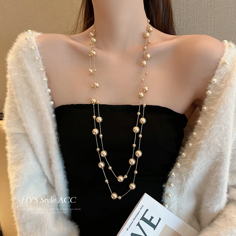 合金仿珍珠项链 香槟色珠珠项链女潮长款毛衣链气质设计感颈链522