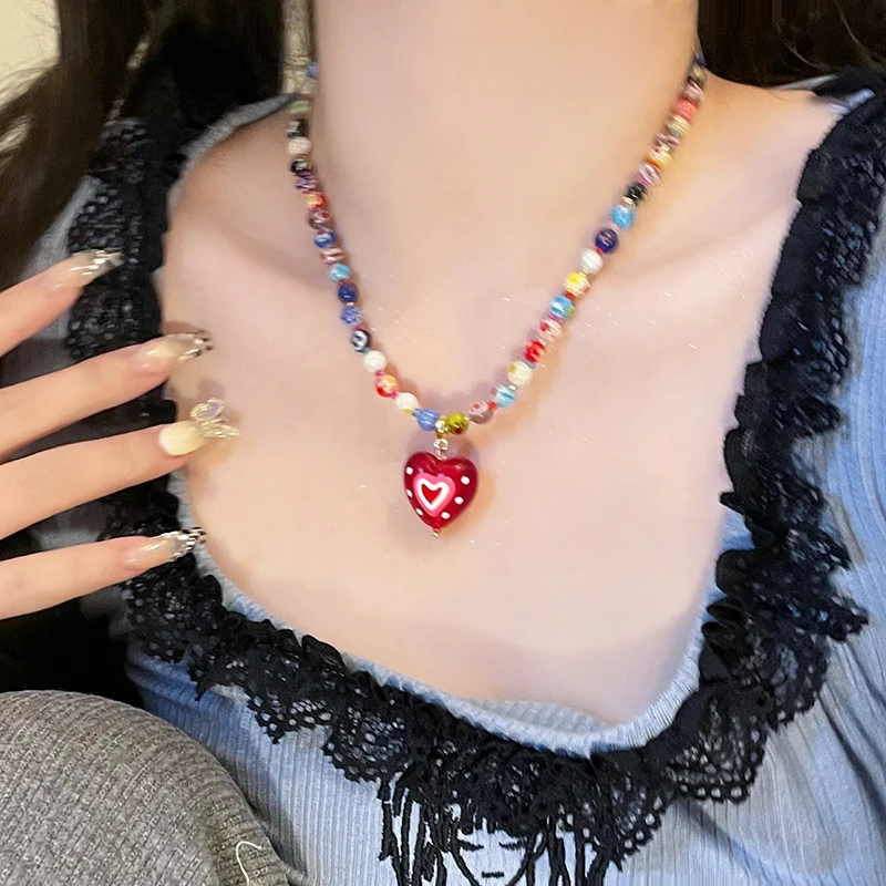 合金玻璃项链 彩色多巴胺琉璃爱心吊坠项链甜酷辣妹串珠锁骨链C14