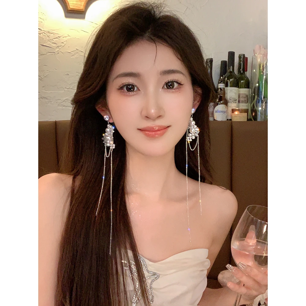 合金仿珍珠耳饰 超长夸张珠珠大气流苏耳环高级感轻奢小众耳饰486