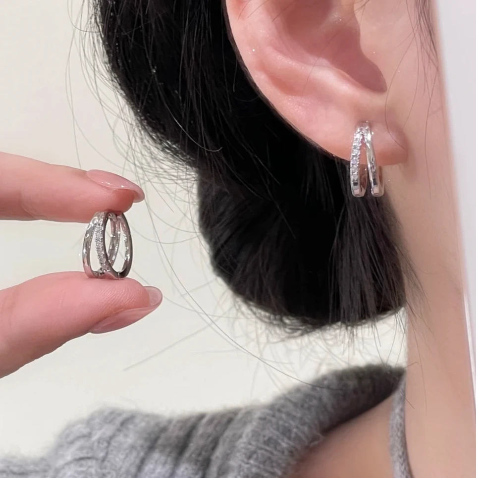 铜合金合成锆石耳饰 百搭银色耳扣耳环气质双层圈圈冷淡风耳饰276
