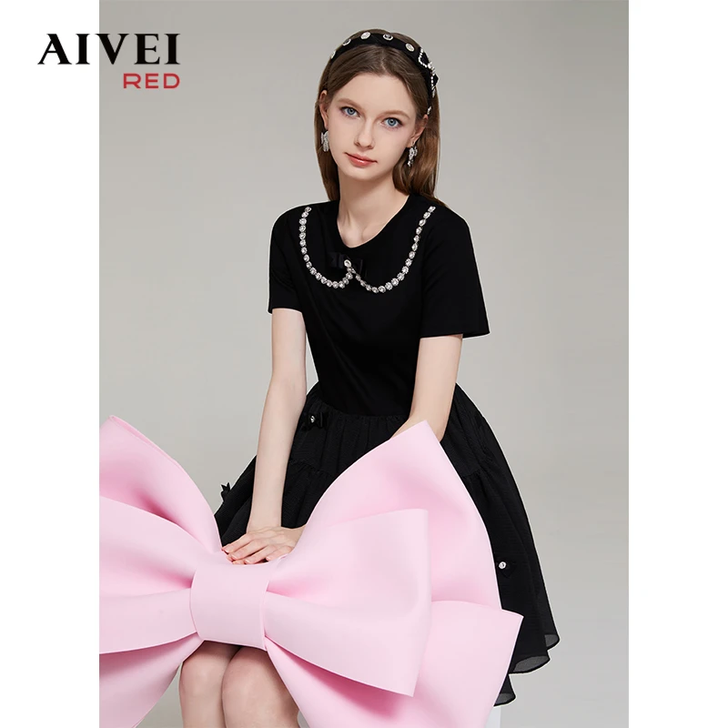 AIVEI欣贺美少女水钻T恤拼接网纱连衣裙裙子 Q036S010