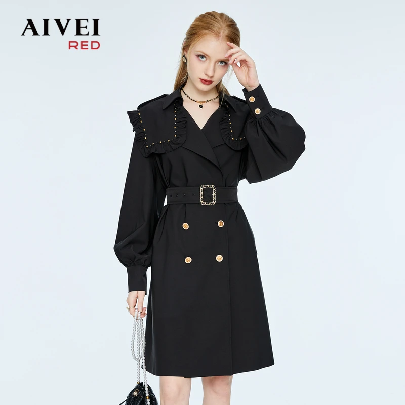 AIVEI艾薇新年韩系木耳边收腰24K年红色气质风衣外套翻领P0560229