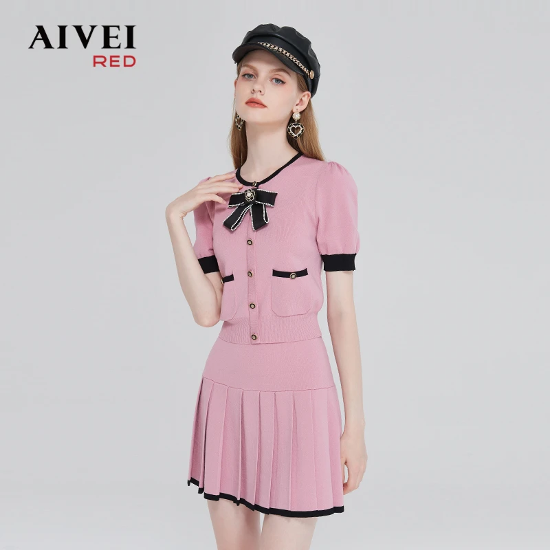 AIVEI艾薇小香风撞色针织上衣百褶薄荷曼波套装ol连衣裙Q0160047