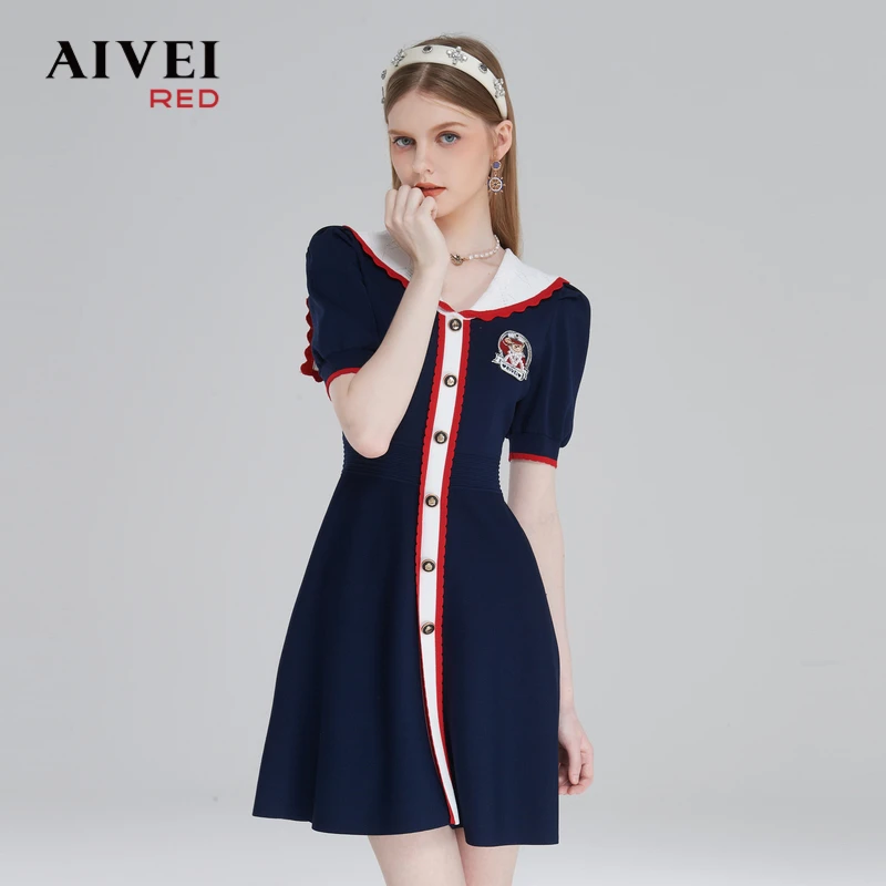 【航海系列】AIVEI艾薇学院风海军领时尚气质针织连衣裙 Q0160184
