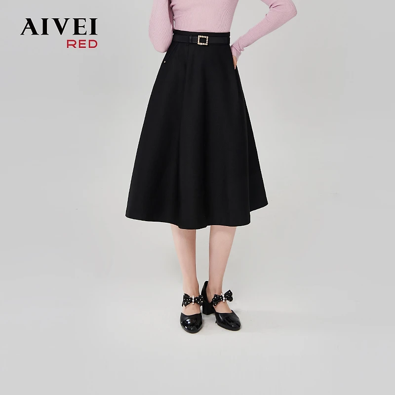 AIVEI艾薇气质春秋百搭名媛黑色过膝高腰显瘦中长裙Q0660270