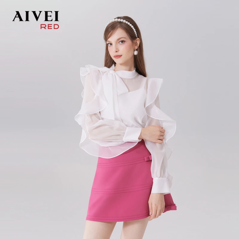 AIVEI艾薇千金名媛浪漫荷叶边百搭小众雪纺衬衫Q0560240