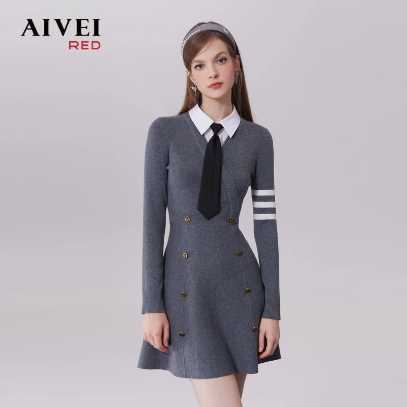 【不上】【女高系列】AIVEI艾薇格雷系秋英伦学院风显瘦针织连衣裙 Q0