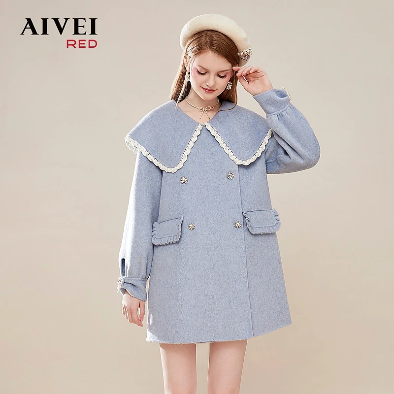 AIVEI艾薇甜美减龄娃娃领中长蓝色呢大衣Q0660044