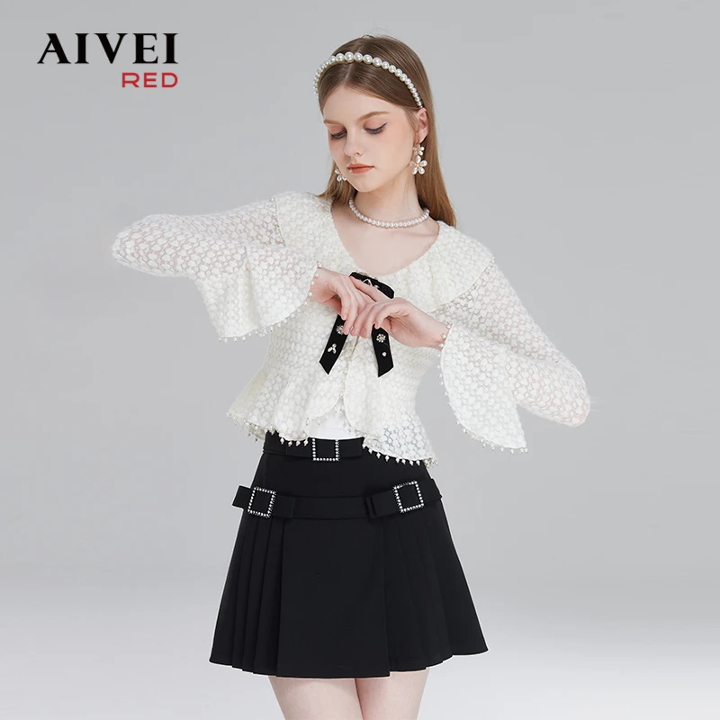 AIVEI艾薇新品收腰荷叶边短款修身针织衫法式短上衣Q0160177