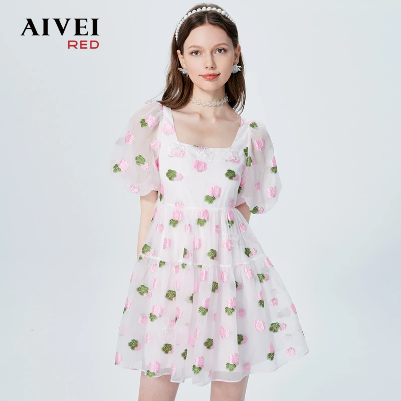 【梦游花境系列】AIVEI欣贺夏季新款方领约会甜美连衣裙女 P0360116