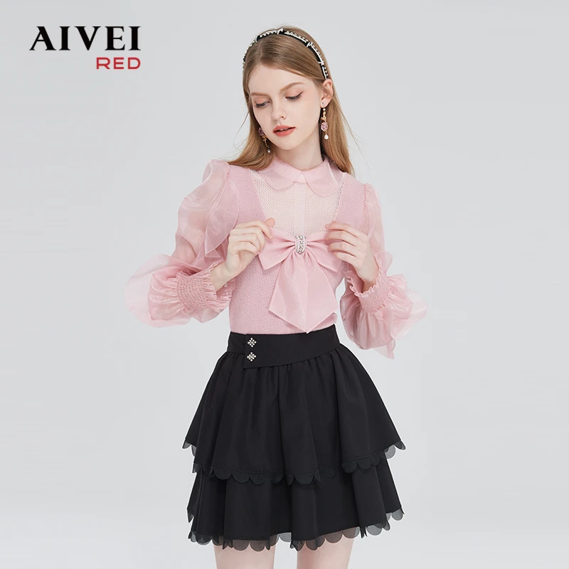AIVEI艾薇名媛宫廷风荷叶袖粉色女孩针织上衣Q0160017