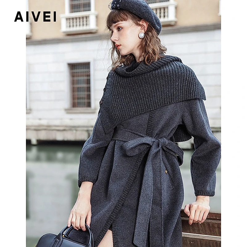 AIVEI欣贺艾薇冬知性简约气质通勤针织围脖毛呢外套R767801A