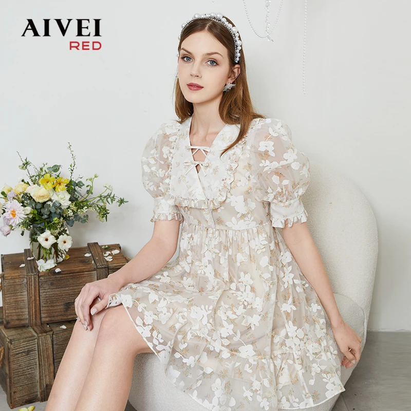 AIVEI欣贺夏季新甜美小仙女V领碎花裙子印花雪纺连衣裙  P0360149