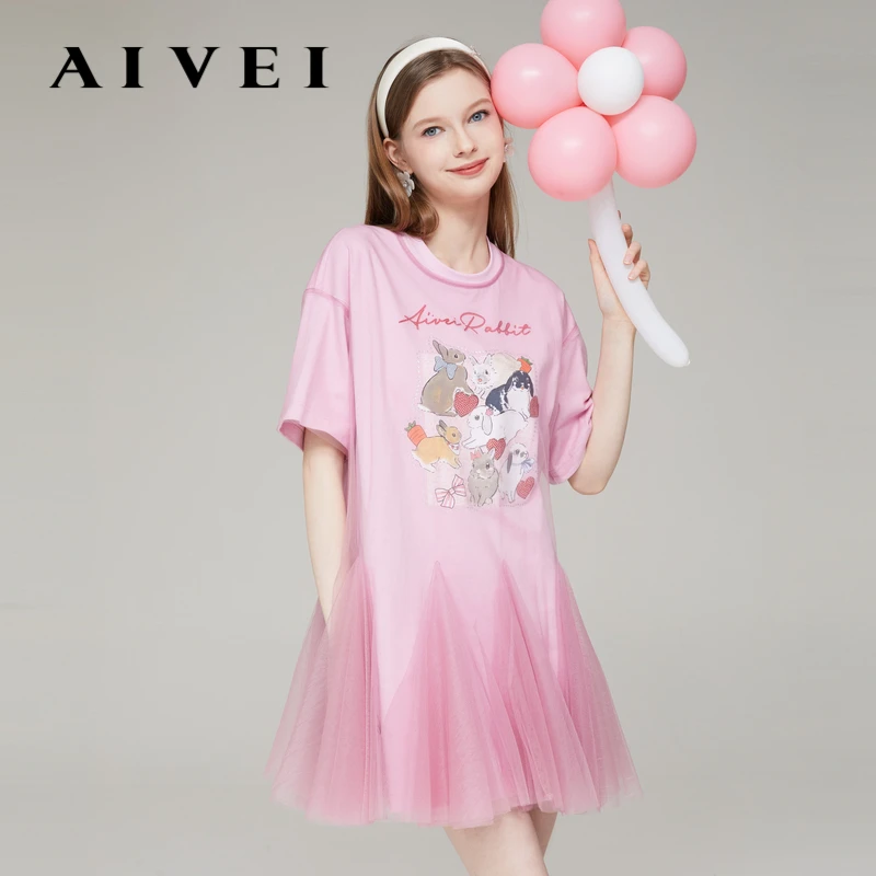 【游乐园系列】AIVEI艾薇女装网纱罩衫T恤连衣裙 Q036S093