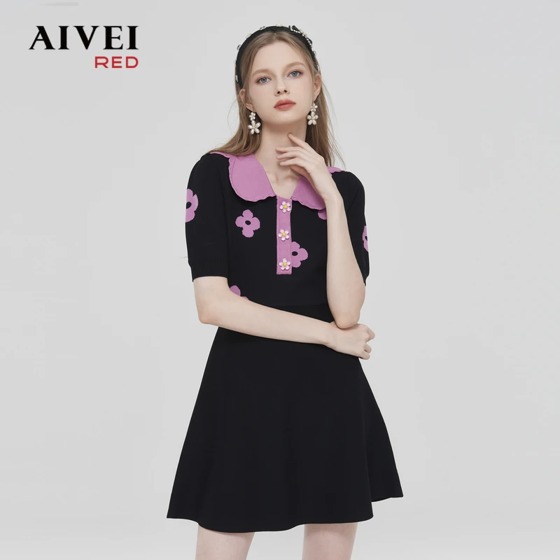 AIVEI欣贺艾薇春夏高腰显瘦花朵气质拼接针织连衣裙 Q016S036