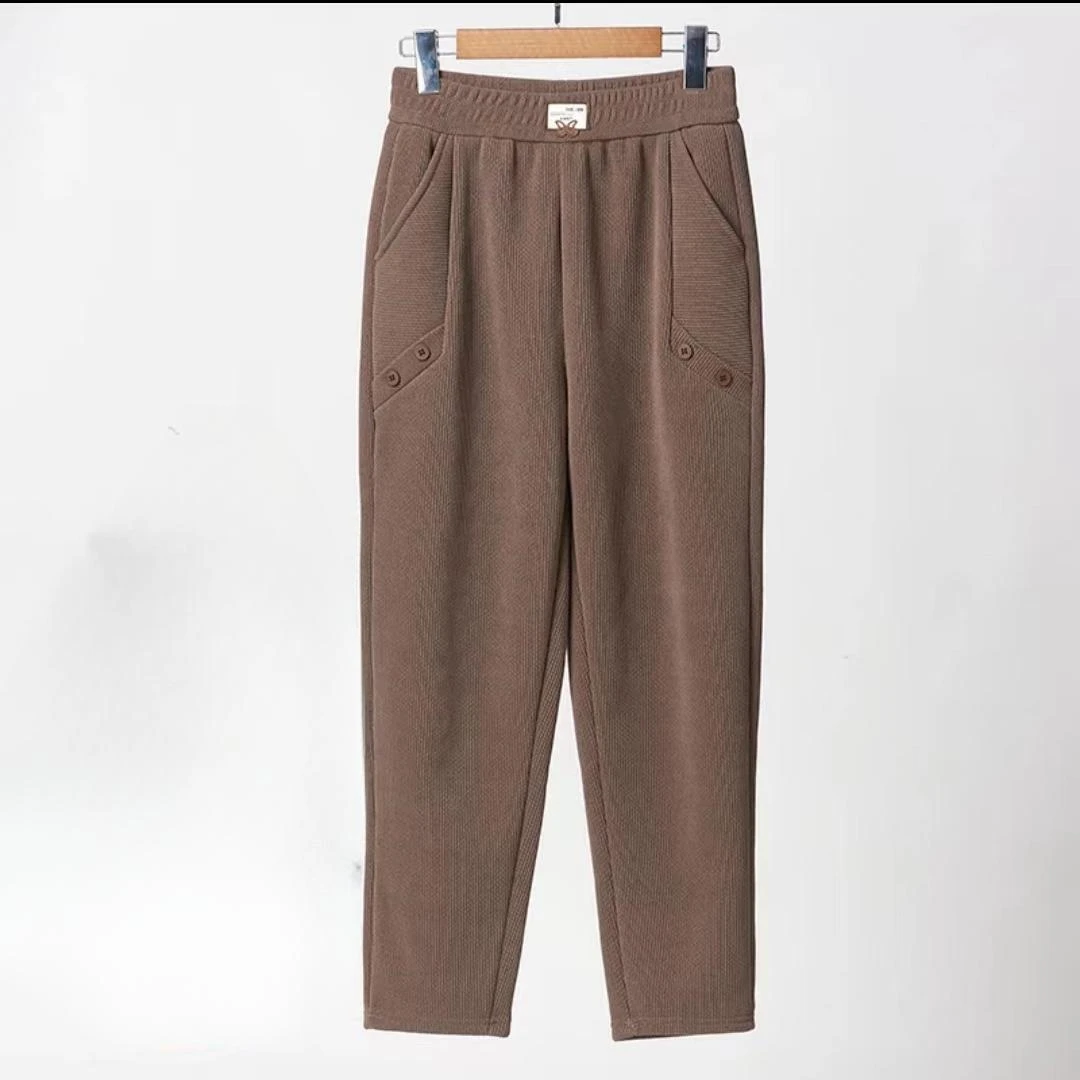 冬款时尚高腰休闲裤外穿加厚松紧腰扣子宽松百搭冬季加绒裤子