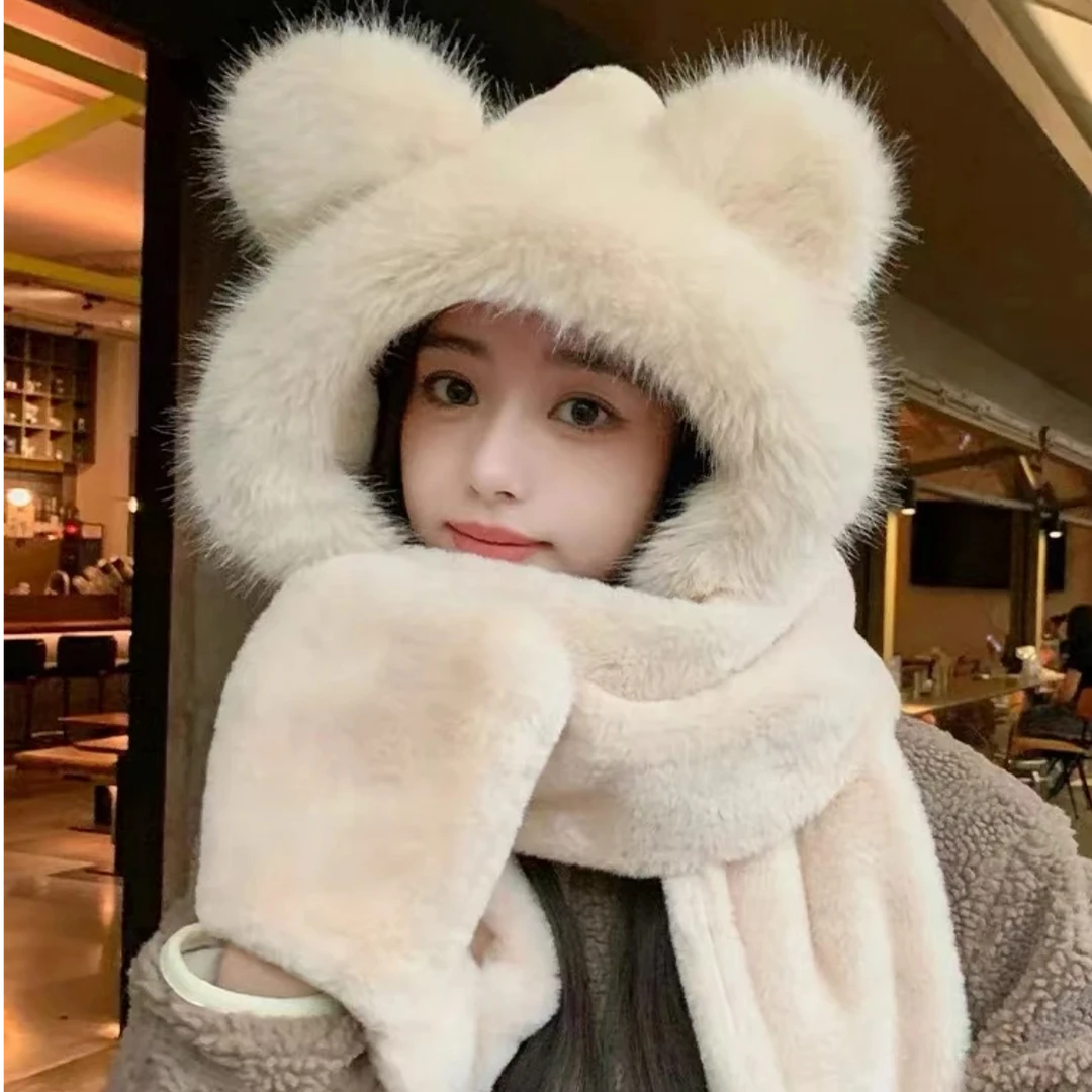 【送口罩】小熊帽子秋冬季可爱加厚保暖围巾一体连帽围脖手套三件套