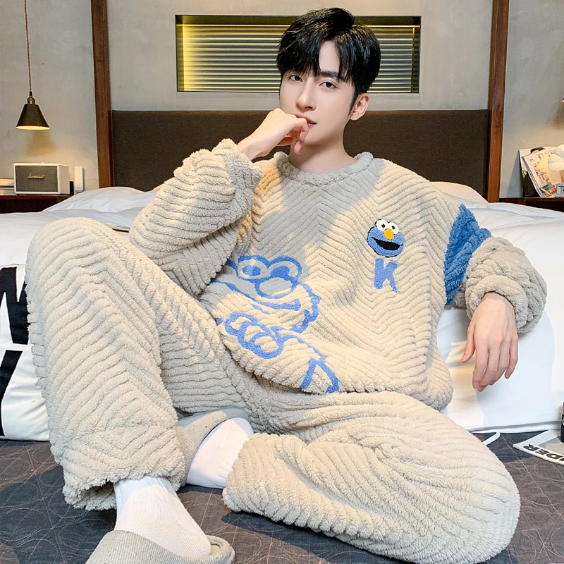 珊瑚绒睡衣男士秋冬季加厚款保暖法兰绒家居服青少年卡通冬款套装