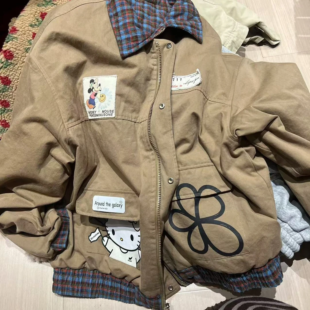 现货 秋冬新款重工美式加厚夹假两件可爱图案棉棒球服外套宽松172