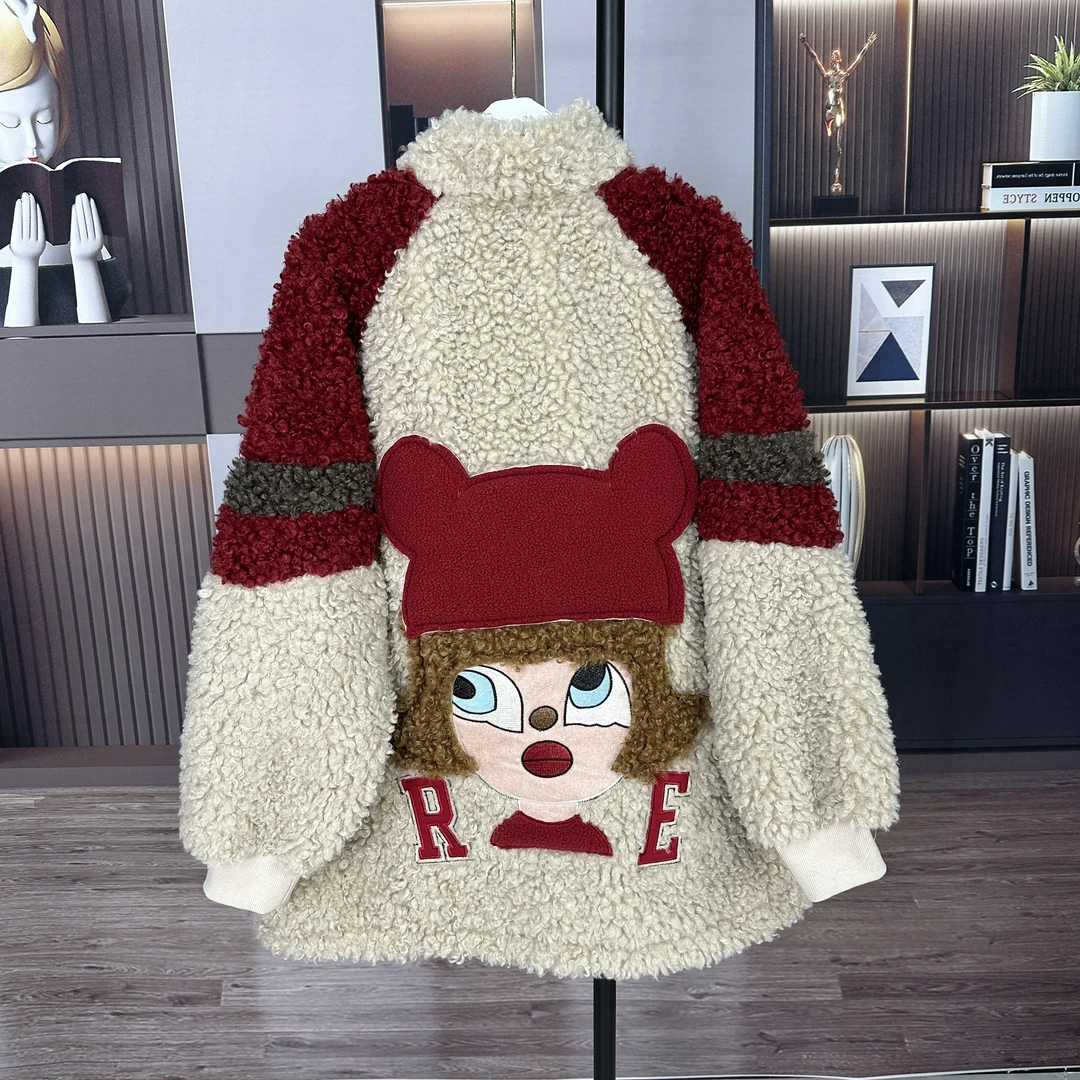 2024秋冬新款后背女孩立领糕毛外套潮牌宽松开衫外套124