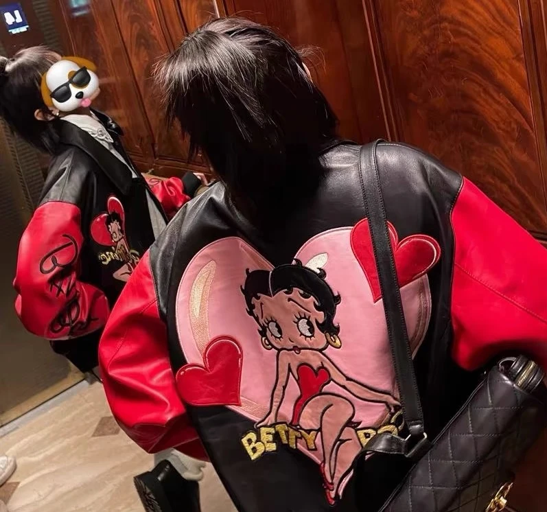 2024秋冬新款撞色卡通刺绣皮夹克女宽松bf美式高街机车外套169