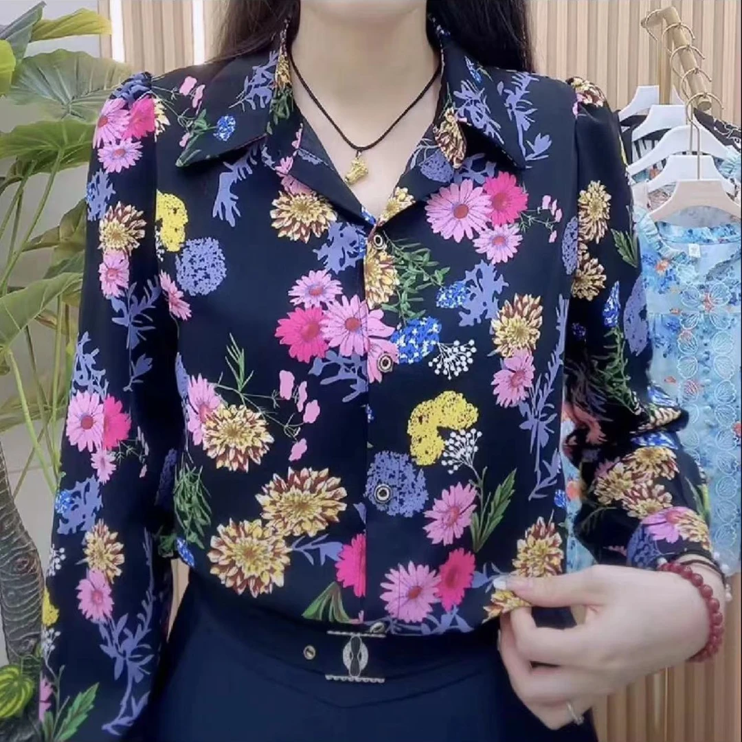 2023秋季长袖打底衬衫女中年妹妹妈妈大码洋气衬衫碎花宽松上衣