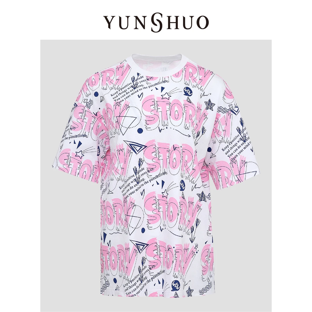 YUNSHUO允硕2024夏季新品时尚百搭休闲宽松印花上衣短袖T恤325312