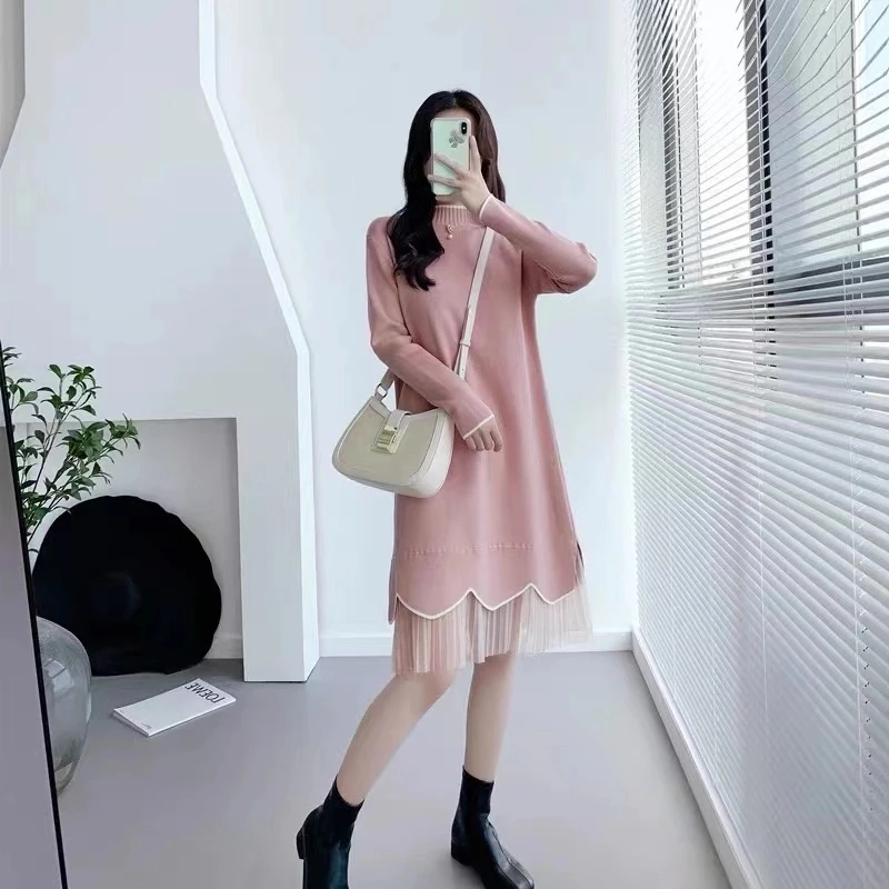 2025秋冬新款气质显瘦连衣裙女时尚收腰配大衣打底裙针织毛衣裙