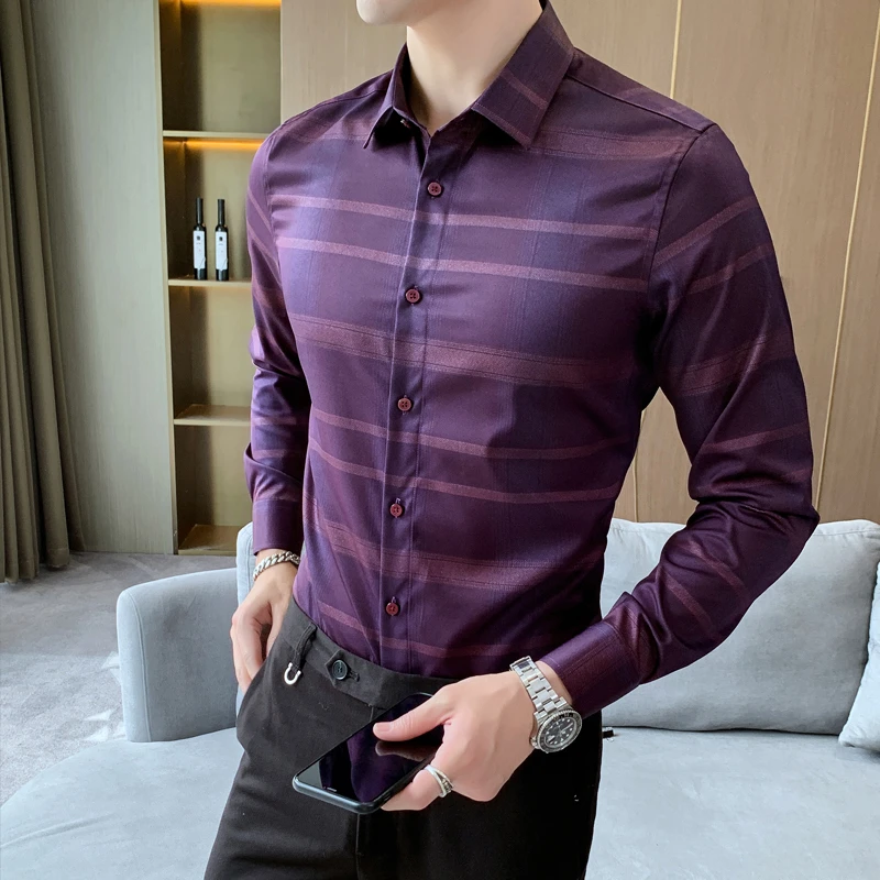 男士长袖弹力格子衬衫商务休闲衬衣抗皱免烫衬衫时尚修身衬衫男装