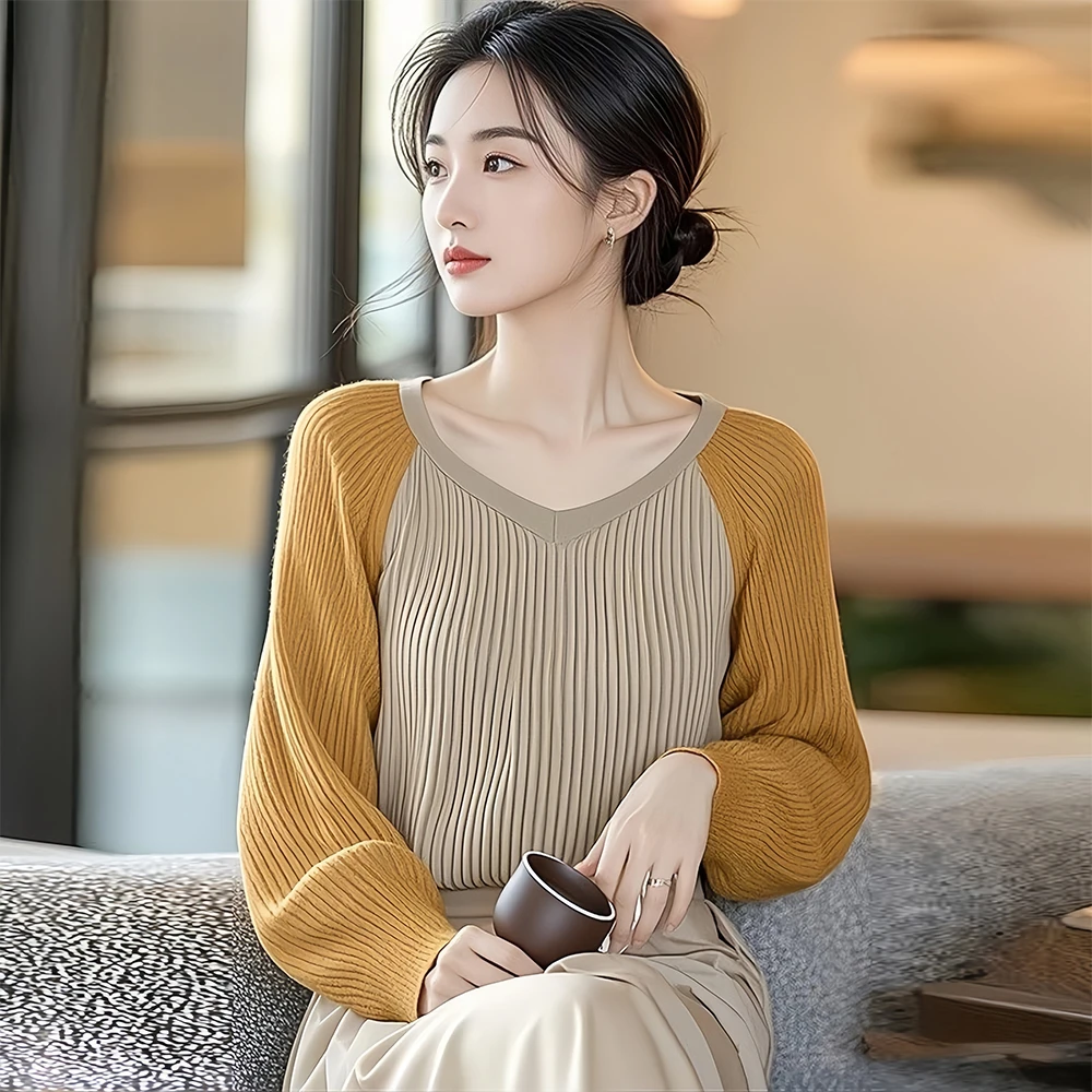 撞色V领宽松长袖针织衫毛衣秋冬女装2025新款冷淡系独特别致上衣