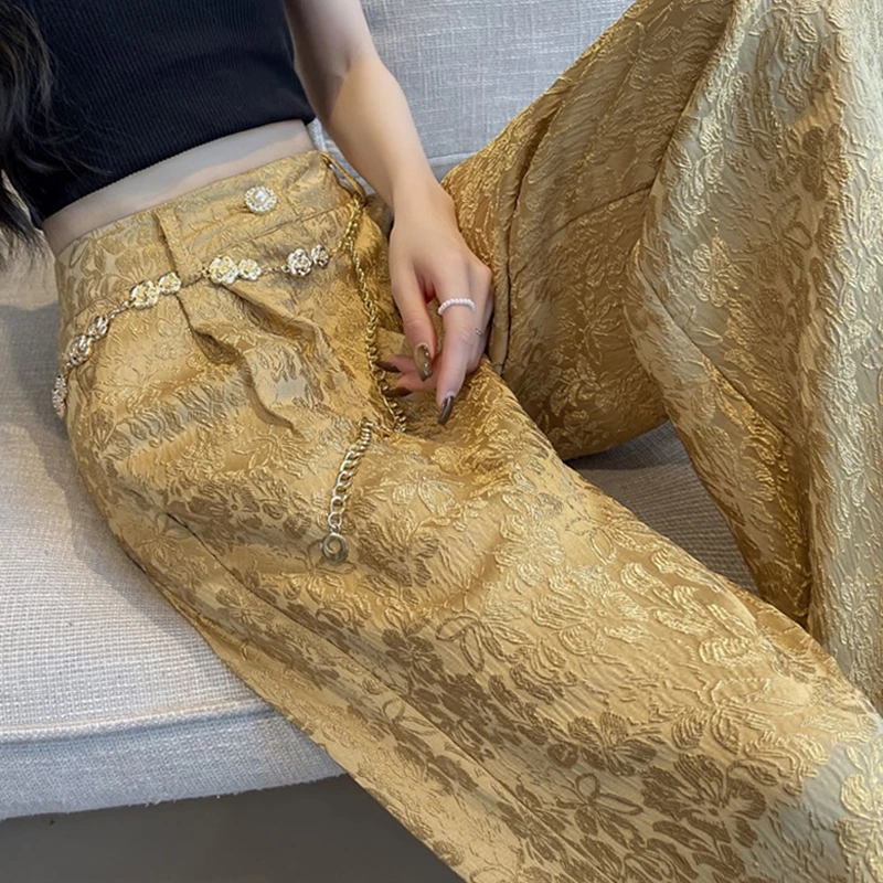 新中式提花西装裤女高级感刺绣金色唐装裤轻国风链条休闲阔腿裤秋