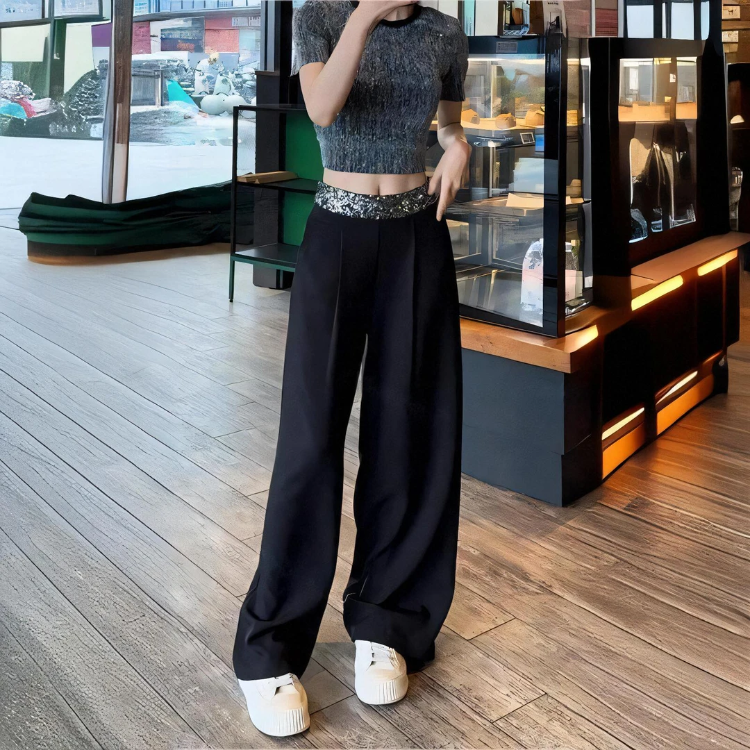亮片拼接西装裤女秋季直筒裤高腰垂感拖地裤休闲阔腿裤高个子裤子
