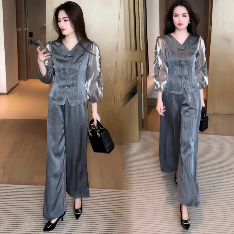 高级感气质时尚套装女士春秋新款中年妈妈装盘扣上衣新中式两件套