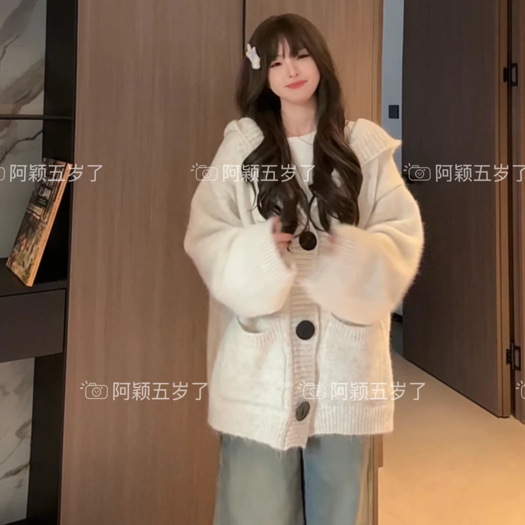 韩国东大门慵懒风连帽针织开衫毛衣外套秋冬新款