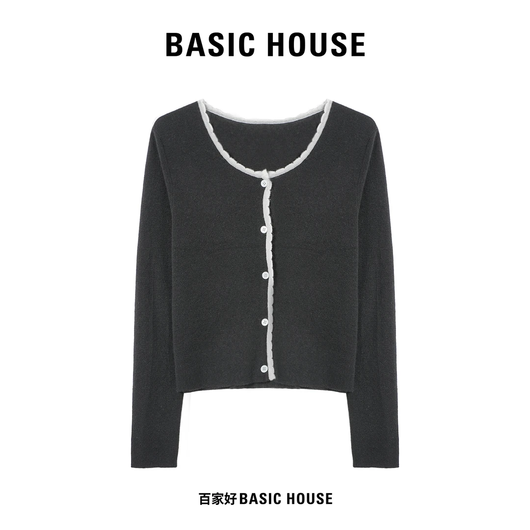 Basic House/百家好2024年秋季新款明线单排扣百搭长袖针织衫YY