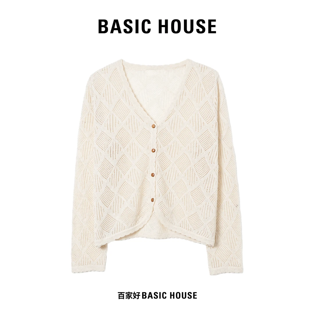 Basic House/百家好2024年秋季新款菱形格纹镂空设计师款针织衫YY