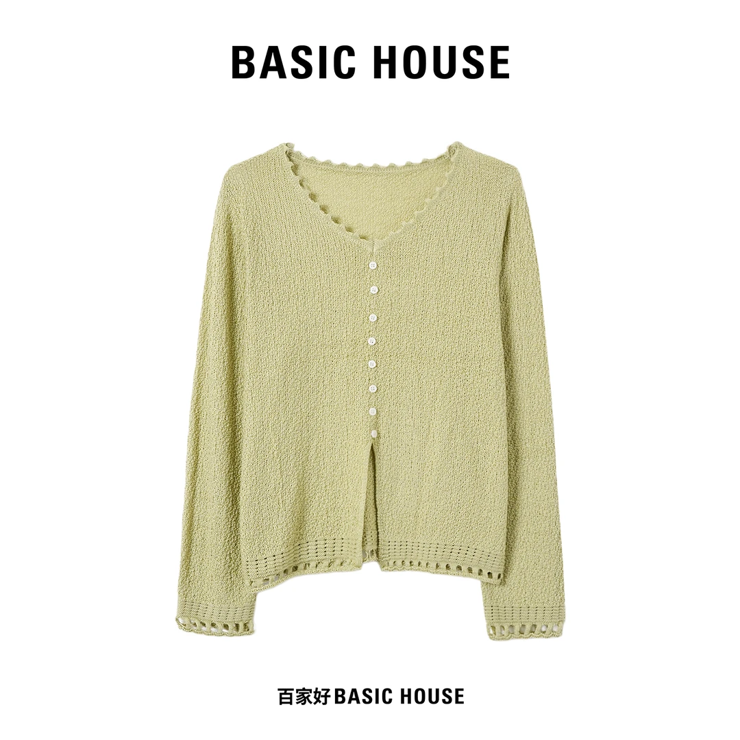 Basic House/百家好2024年秋季新款纹理镂空蕾丝花边针织衫YY