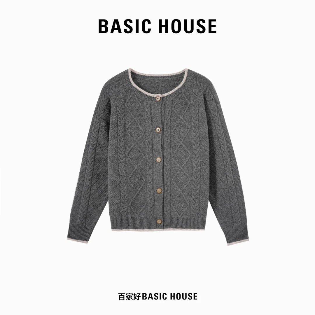 Basic House/百家好2024年秋季新款百搭时尚设计感单排扣针织衫YY