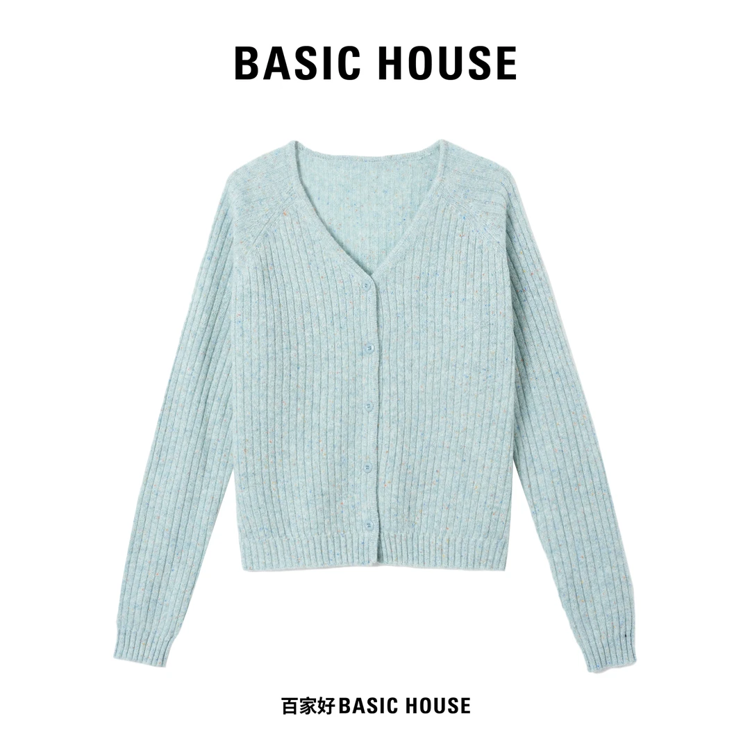 Basic House/百家好新款V领单排扣纹理长袖针织衫7642 QQ