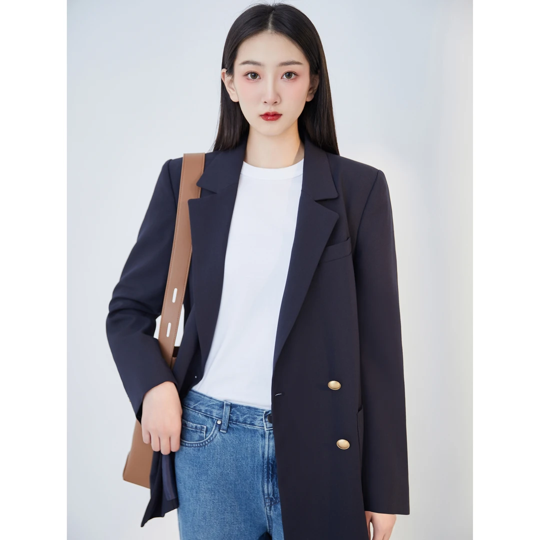 板正挺括宽松藏青色双排扣通勤日常轻熟上班族显瘦小西服西装外套