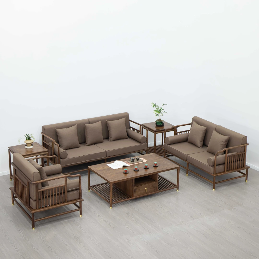 穿抬井北美黑胡桃木禅意新中式实木沙发原木色茶几组合三人位沙发