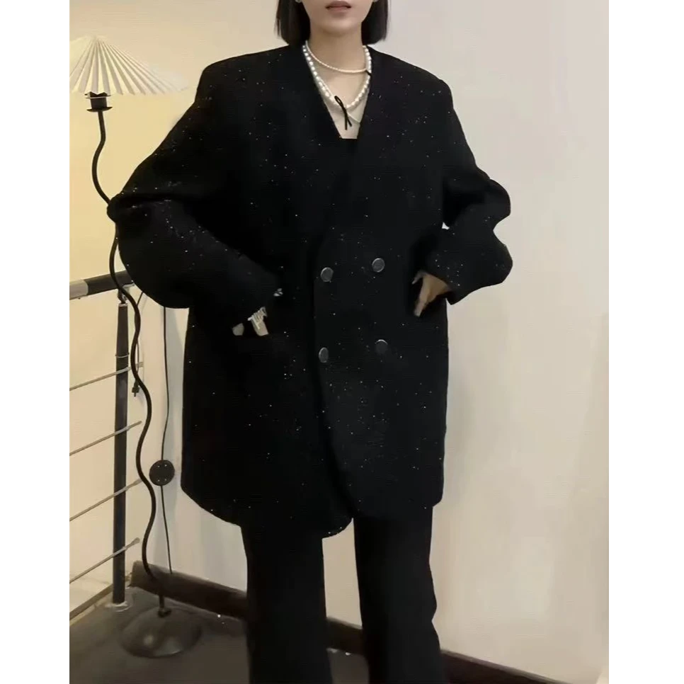 【源源家】秋冬新款法式小香风v领夹棉闪闪大外套31025