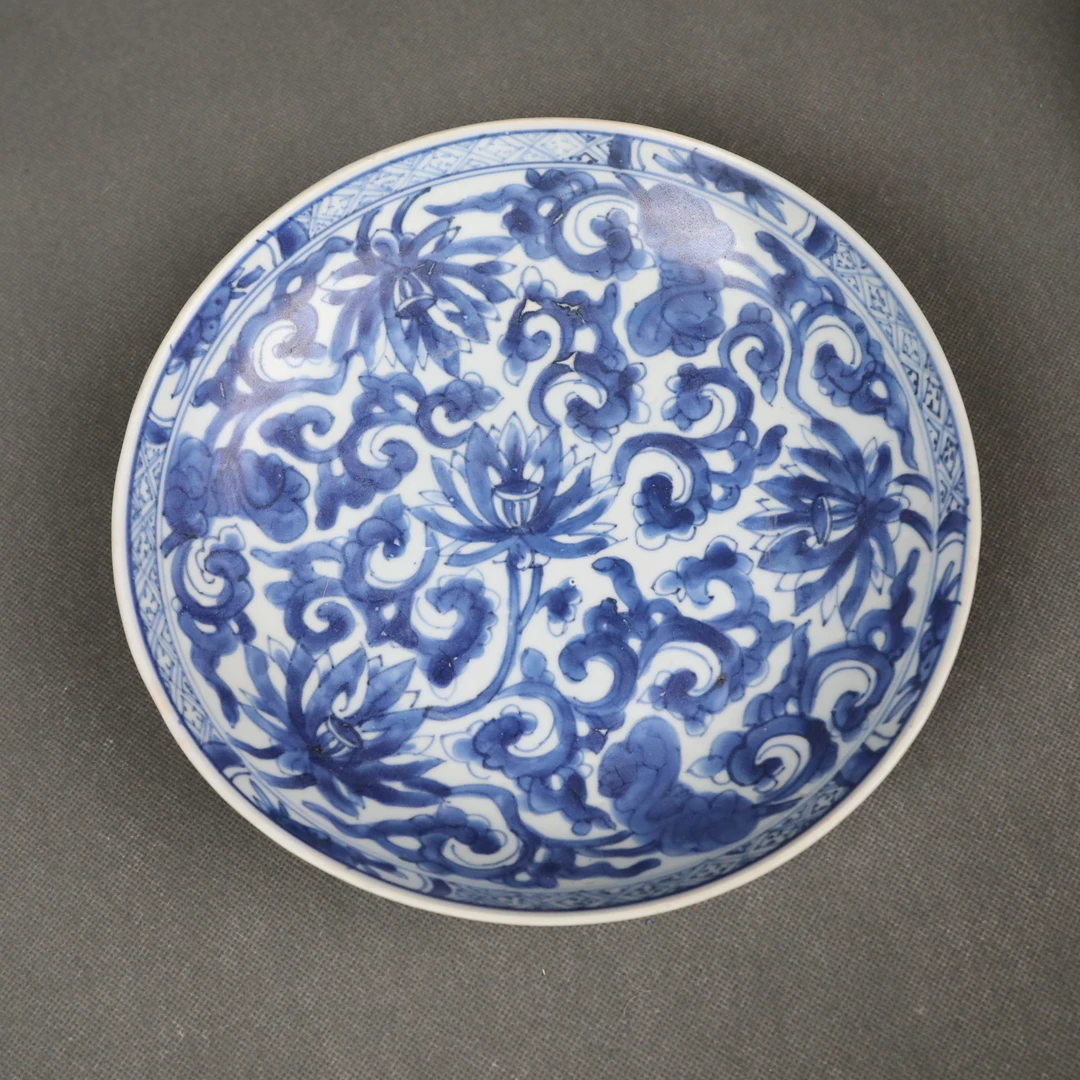 【国营文物商店】c1392/青花花卉盘/清/全品