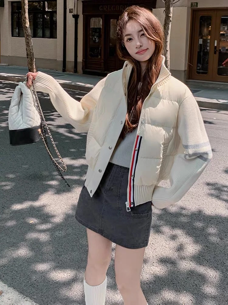 针织拼接2024新款羽绒服女冬季新款设计感小众宽松显瘦小个子短款
