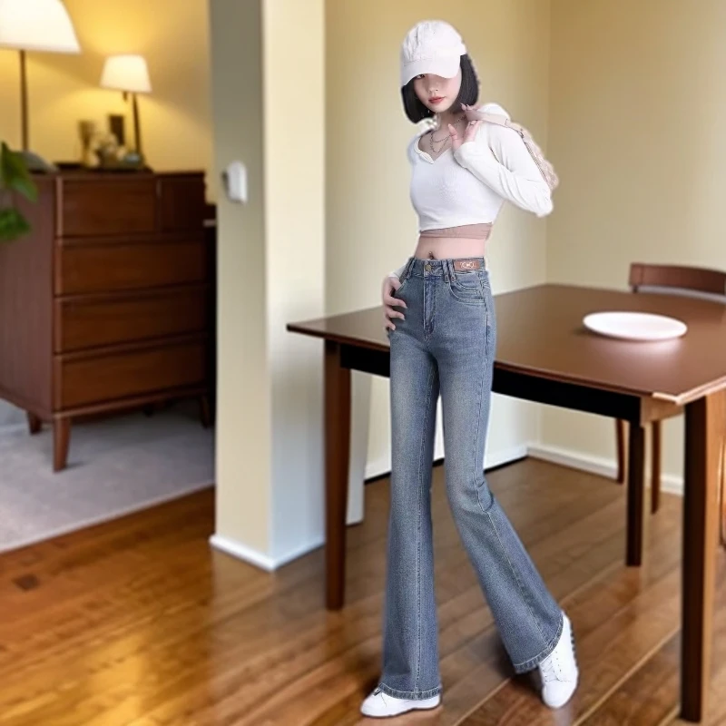 2024秋5006爆款牛仔精梳棉+氨纶高腰深裆微喇裤时尚百搭显瘦洋气
