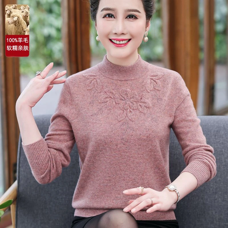 中老年人女装100%纯羊毛衫上衣妈妈秋冬装宽松半高领毛衣打底衫
